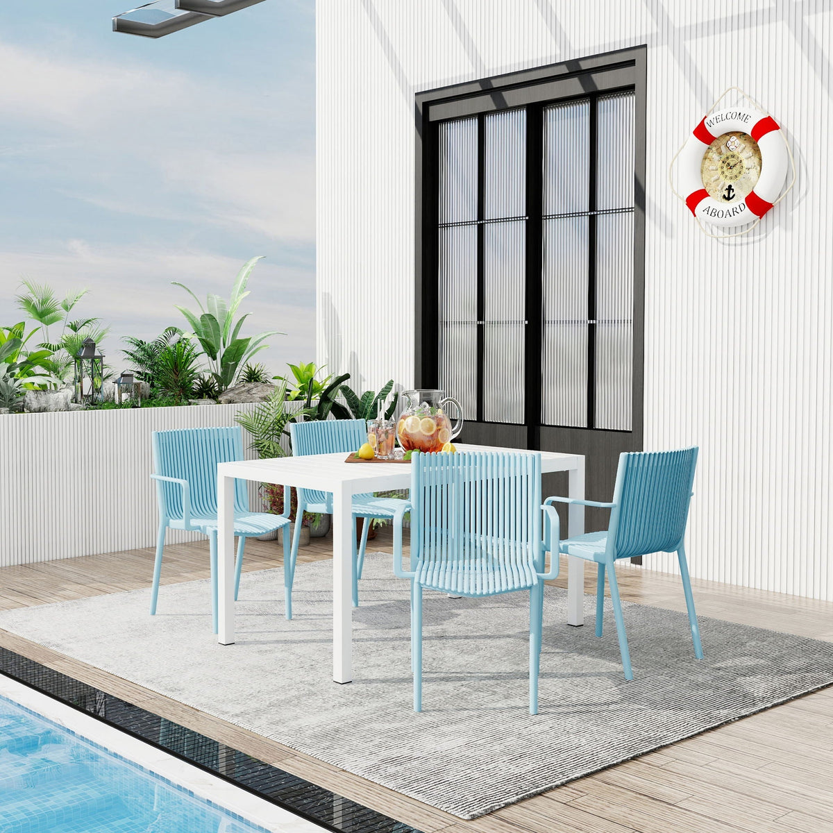 Modern Stackable Armchair Outdoor Dining Set with Long Table - Light Blue or Dark Gray