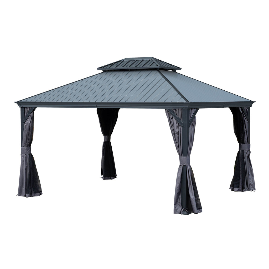 12x14 Hardtop Gazebo with Resin Roof and Drainage Gutters - Brown