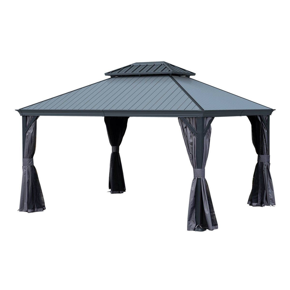 12x14 Hardtop Gazebo with Resin Roof and Drainage Gutters - Brown