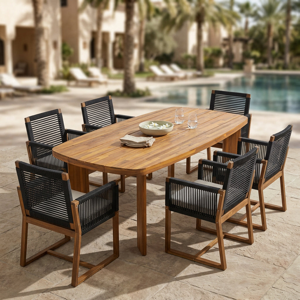7-Piece Acacia Wood Outdoor Dining Set with Cushioned Arm Chairs - Teak Finish