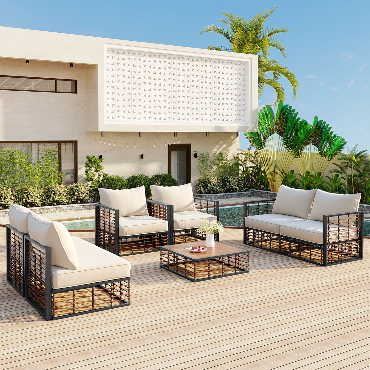 7-Piece Metal Patio Sectional Sofa Set with Water-Resistant Cushions - Modern