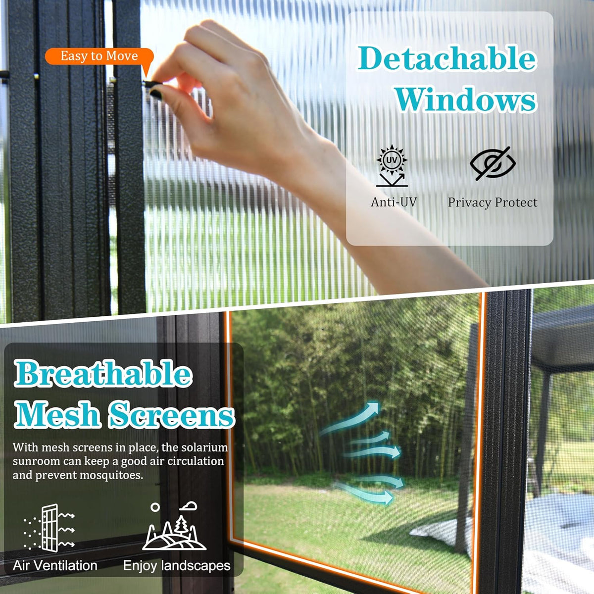 12x16FT All Season Sunroom with Lockable Sliding Doors - Dark Brown