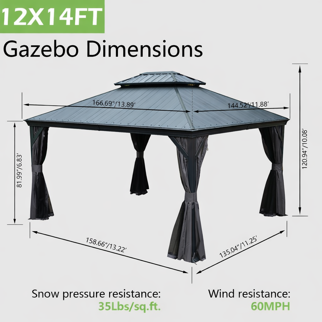 12x14 Hardtop Gazebo with Resin Roof and Drainage Gutters - Brown