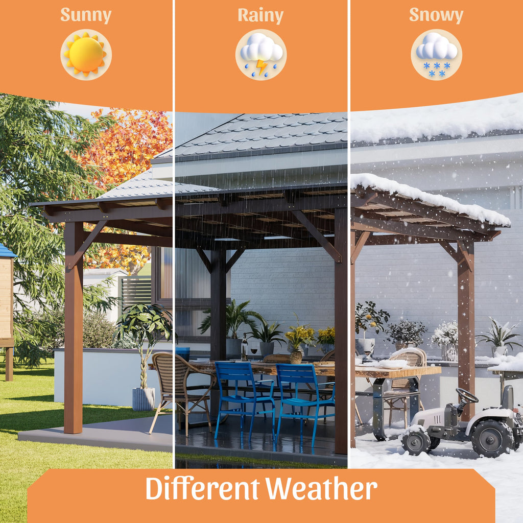 Wooden Garden Gazebo with Metal Roof - 13x10ft Outdoor Pergola - Brown