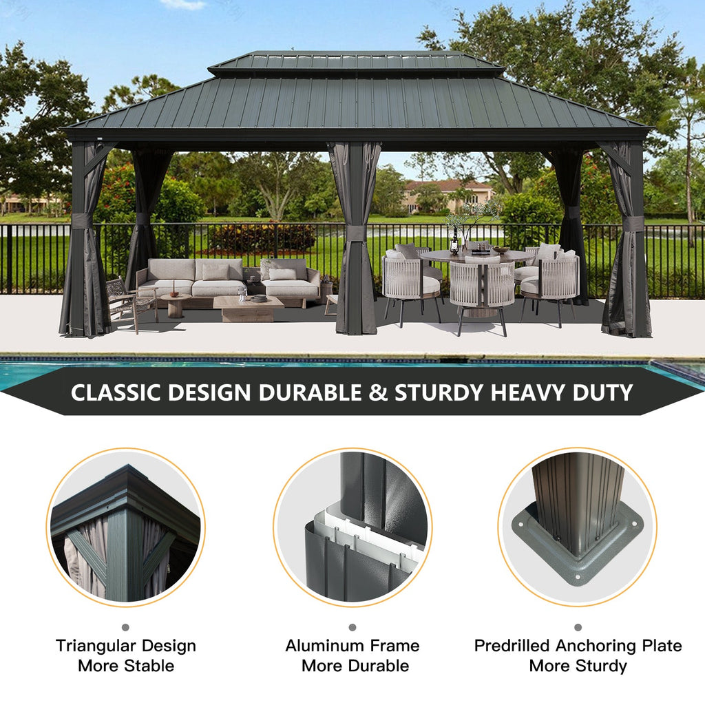 12' x 20' Hardtop Gazebo with Galvanized Steel Double Roof Canopy - Grey