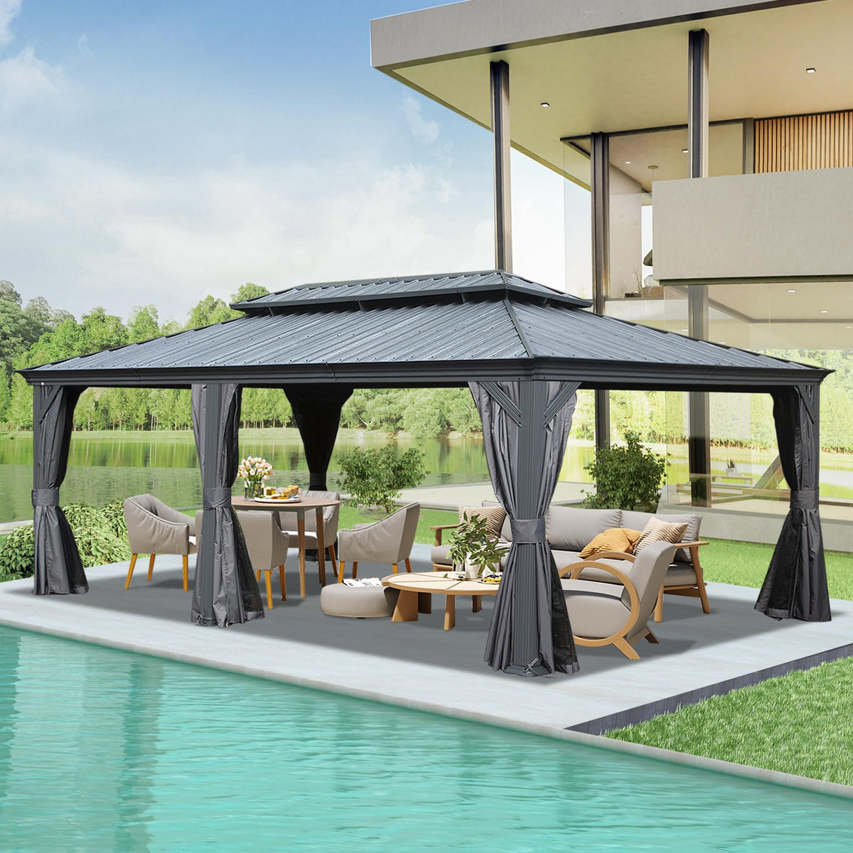 14' x 22' Hardtop Gazebo with Dual-Layer Steel Roof and Drainage - Grey or Brown