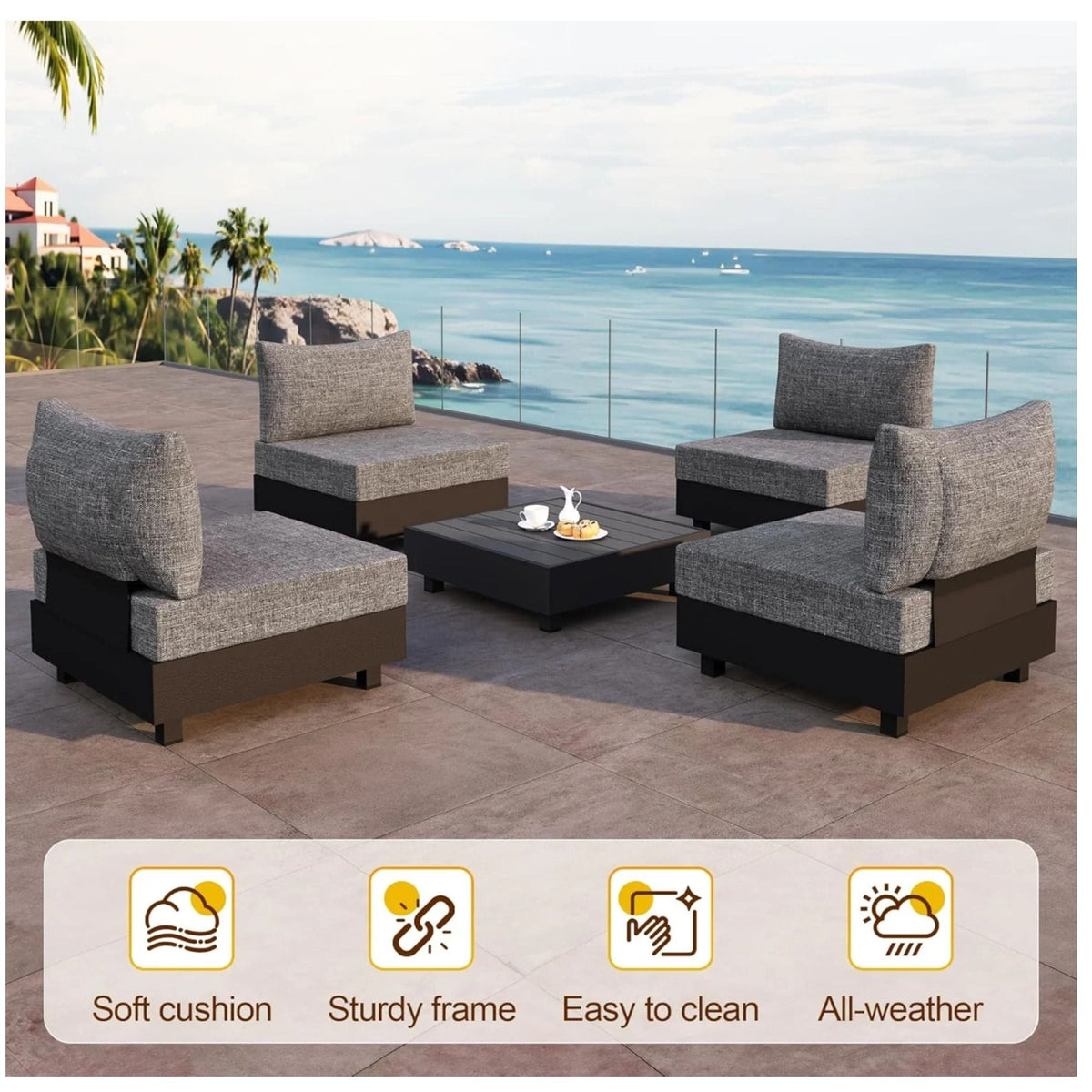 Gray Patio Sectional Set with Modular Armless Chairs and Coffee Table