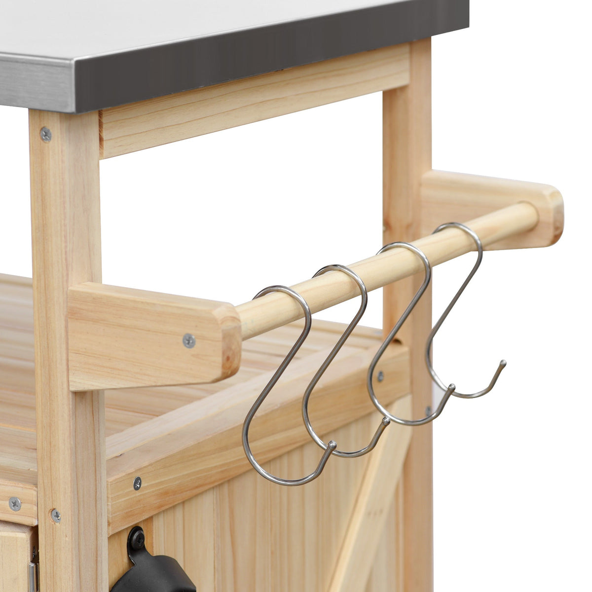 Outdoor Kitchen Island Rolling Bar Cart with Stainless Steel Top - Natural