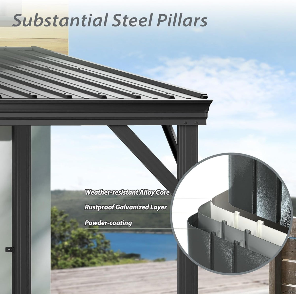 12'x16' Hardtop Lean-To Gazebo with Gutters - Grey or Brown