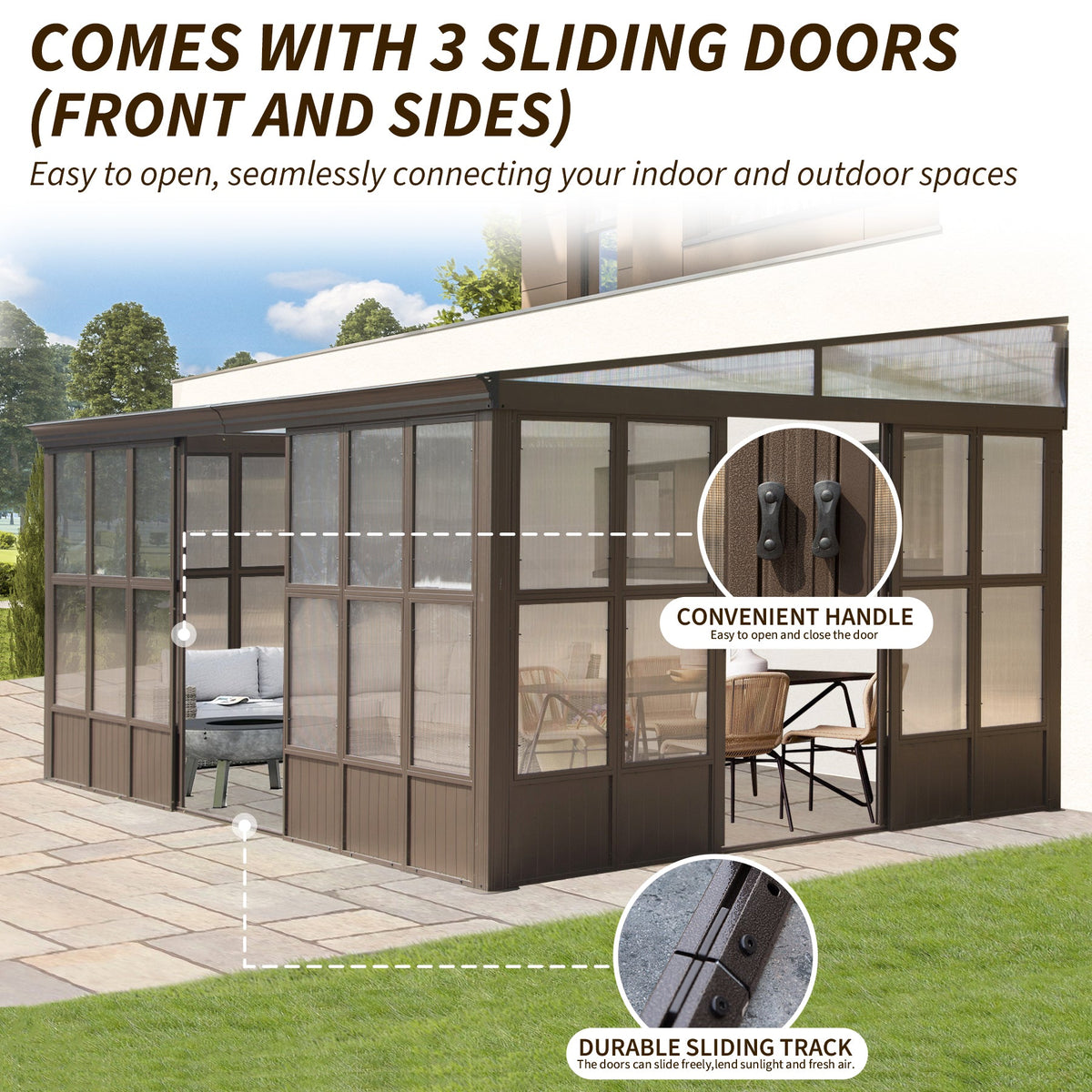 12x16FT All Season Sunroom with Lockable Sliding Doors - Dark Brown