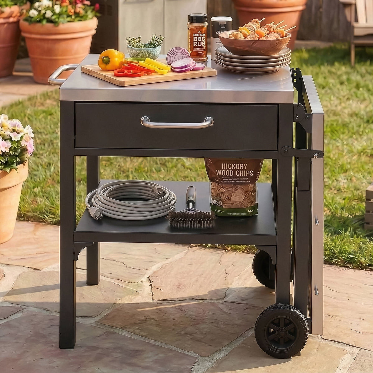Foldable Outdoor Kitchen Cart with Storage - Black