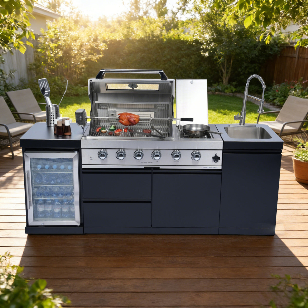 Deluxe Stainless Steel Outdoor Kitchen Barbecue Island Grill with Refrigerator - Stainless Steel