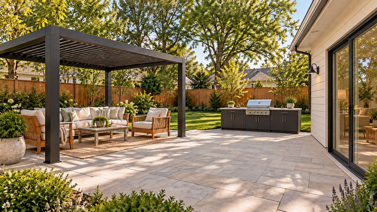 Outdoor grill island in a backyard setting