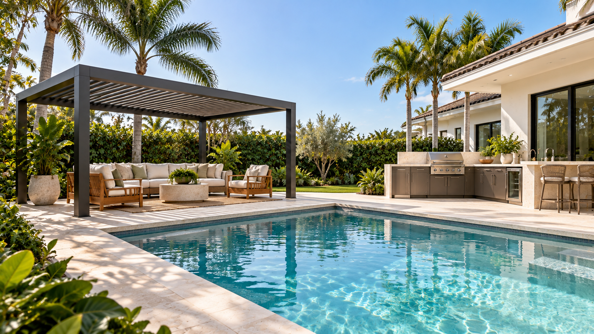 Poolside pergola in a South Florida backyard