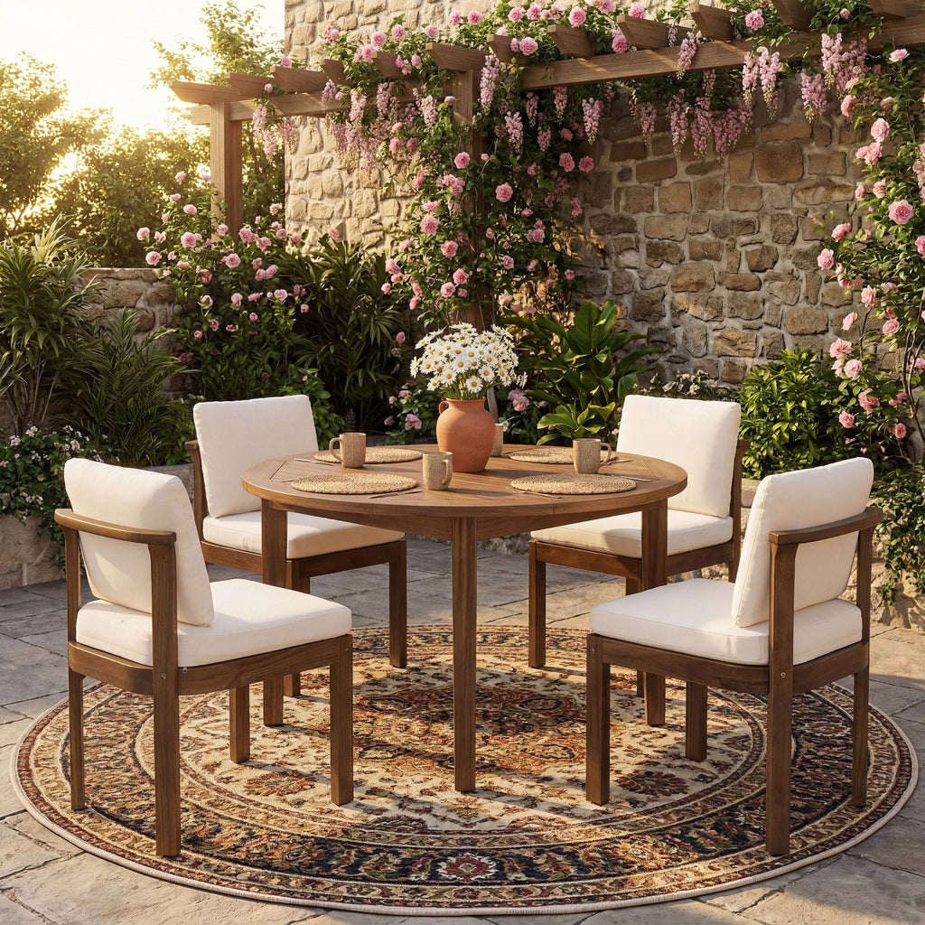 Acacia Wood Outdoor Dining Chair Set of 4 with Water-Repellent Cushions – Brown, Cream or Cream, Teak