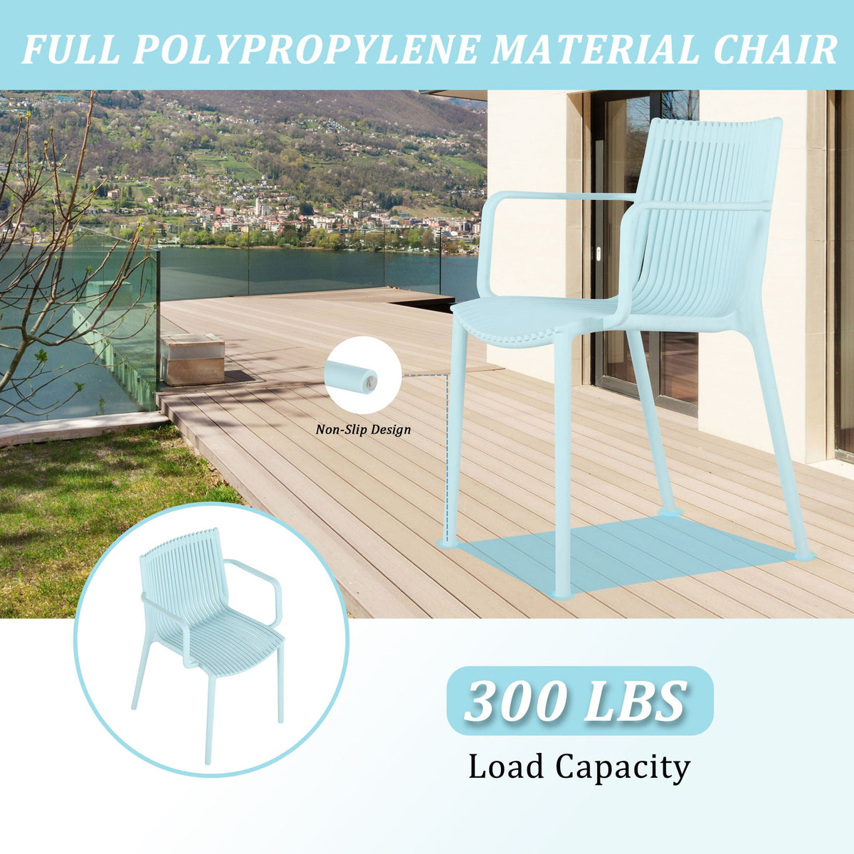 4 Modern Stackable Plastic Armchair Set with Round Table - Light Blue or Dark Gray