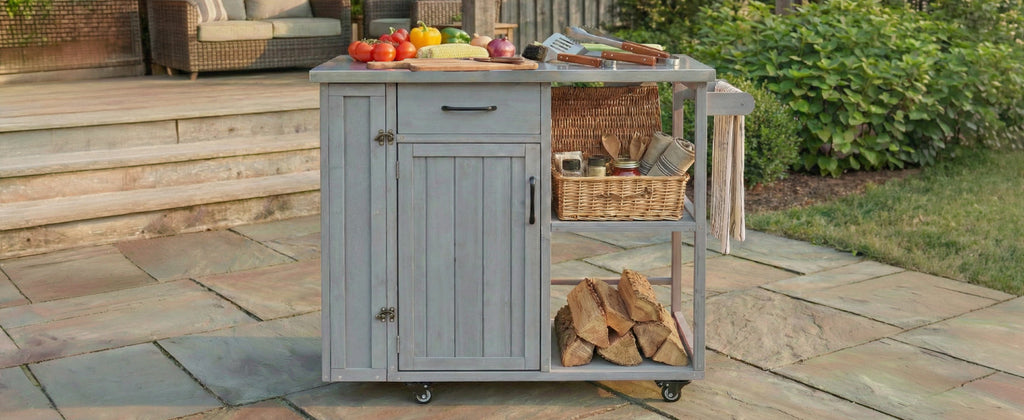 Outdoor Kitchen Island Prep Station with Stainless Steel Top - Natural Fir Wood