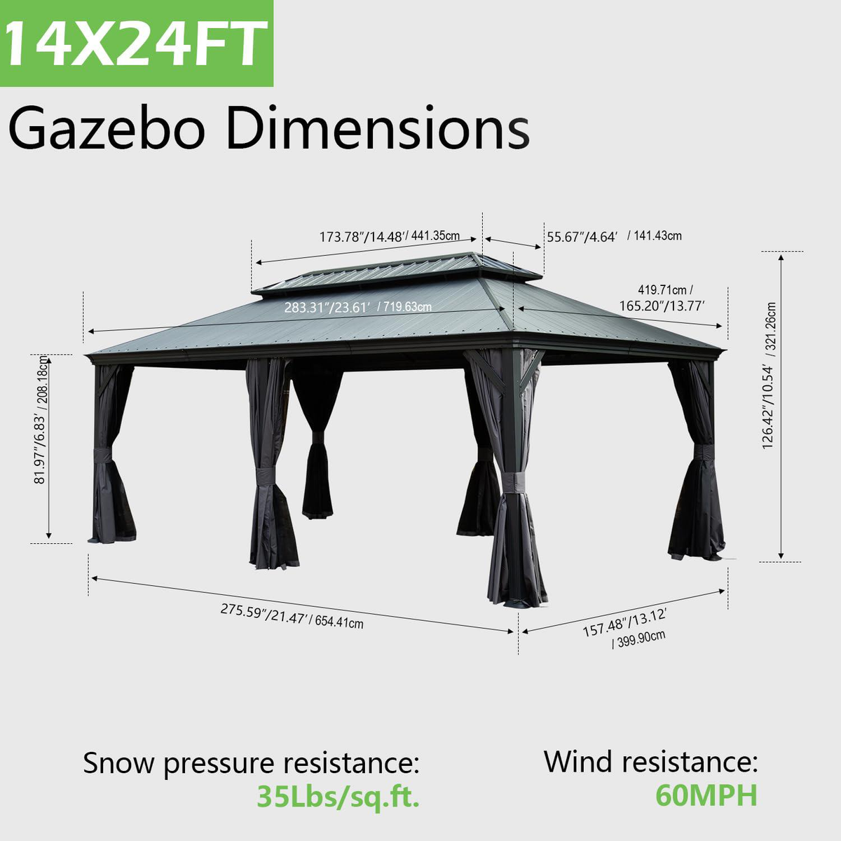 14'x24' Hardtop Gazebo with Resin Roof and Metal Frame - Dark Grey