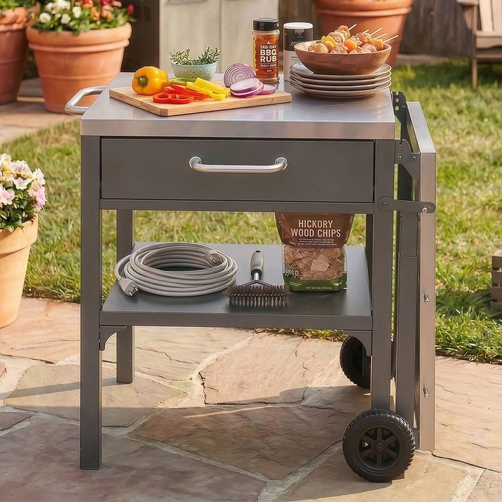 Foldable Outdoor Kitchen Cart with Storage - Black