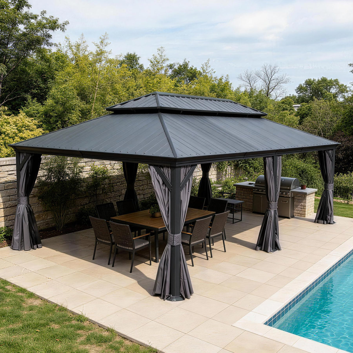 14'x24' Hardtop Gazebo with Resin Roof and Metal Frame - Dark Grey