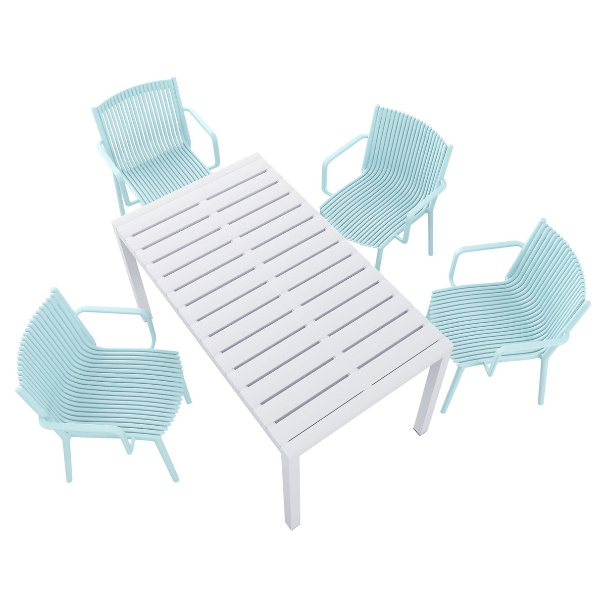 Modern Stackable Armchair Outdoor Dining Set with Long Table - Light Blue or Dark Gray