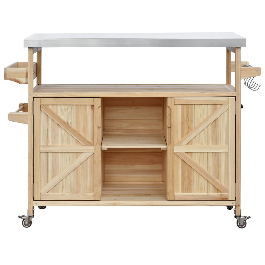 Outdoor Kitchen Island Rolling Bar Cart with Stainless Steel Top - Natural