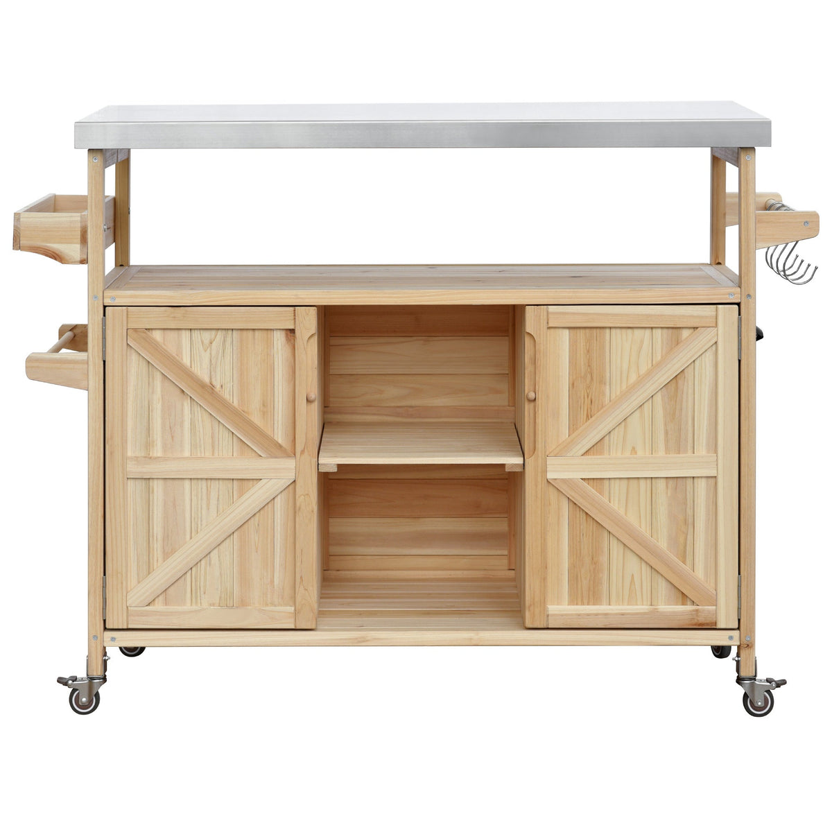 Outdoor Kitchen Island Rolling Bar Cart with Stainless Steel Top - Natural