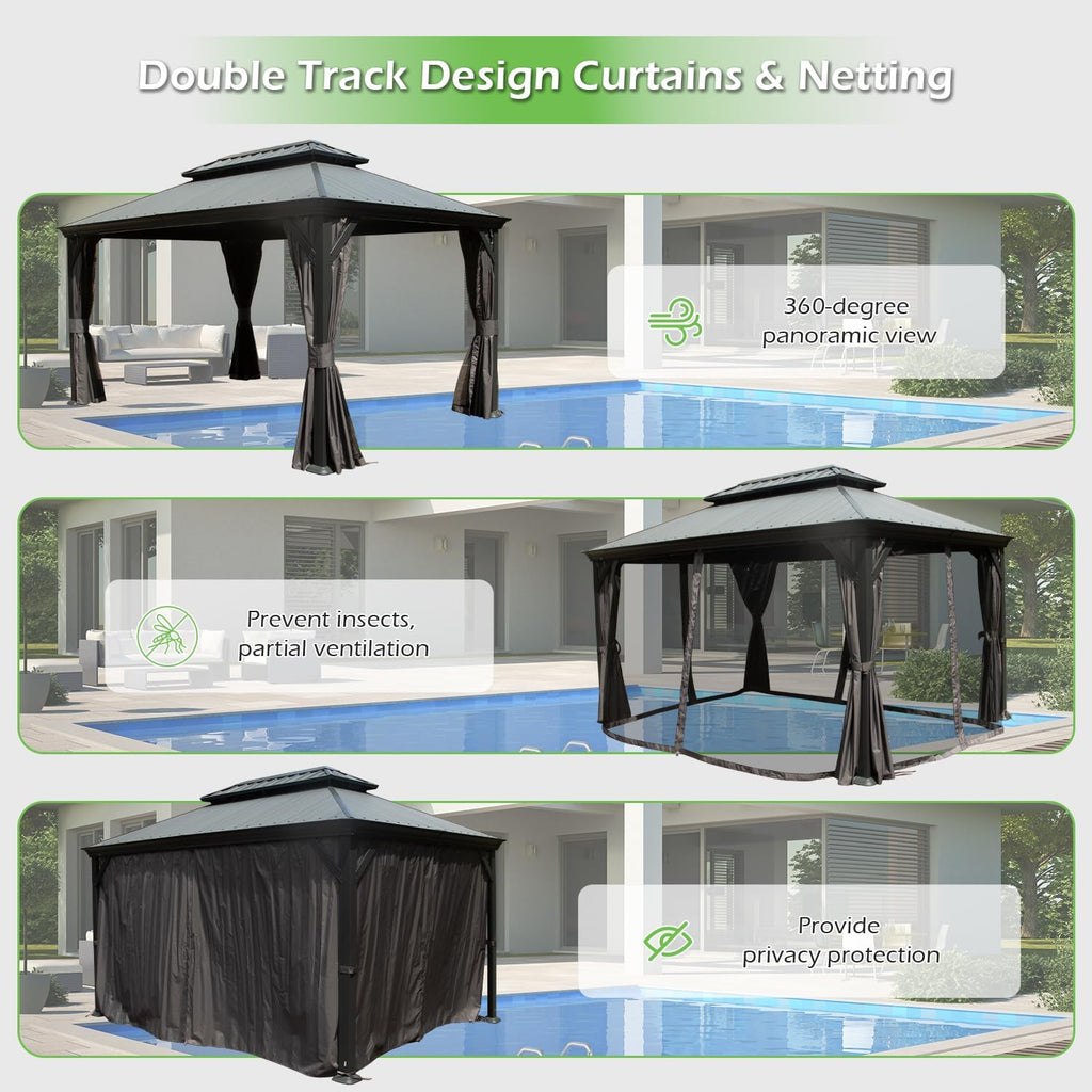 12x14 Hardtop Gazebo with Resin Roof and Drainage Gutters - Brown
