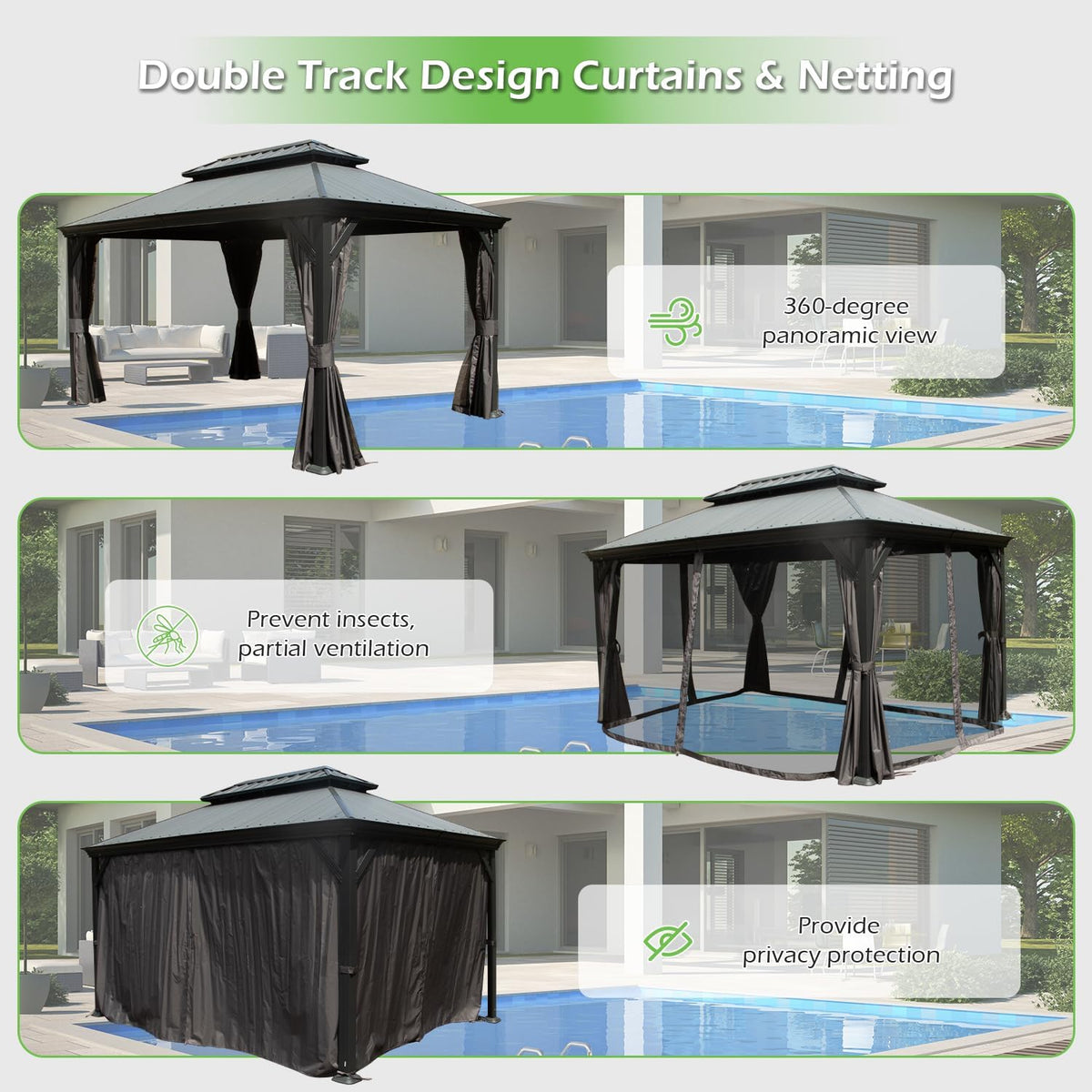 12x14 Hardtop Gazebo with Resin Roof and Drainage Gutters - Brown