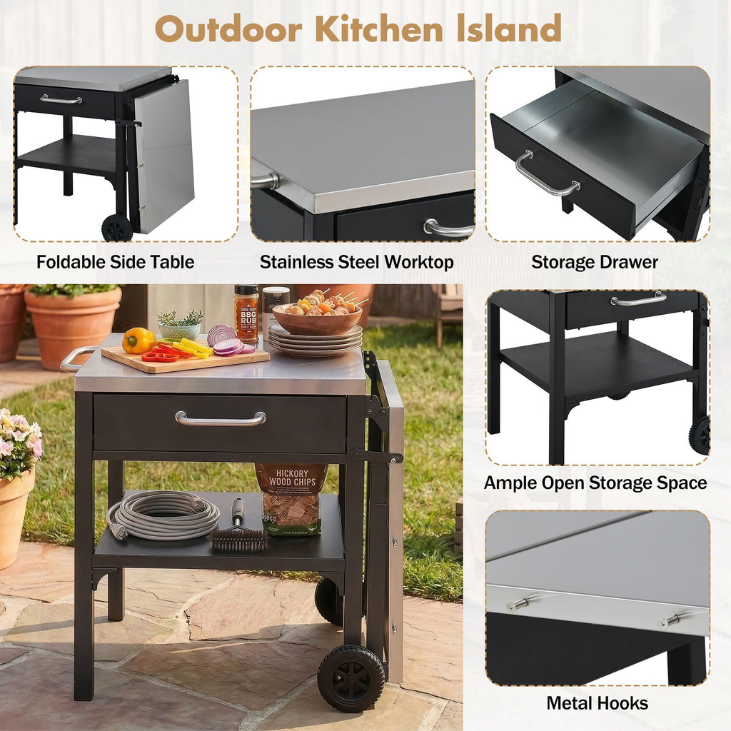 Foldable Outdoor Kitchen Cart with Storage - Black