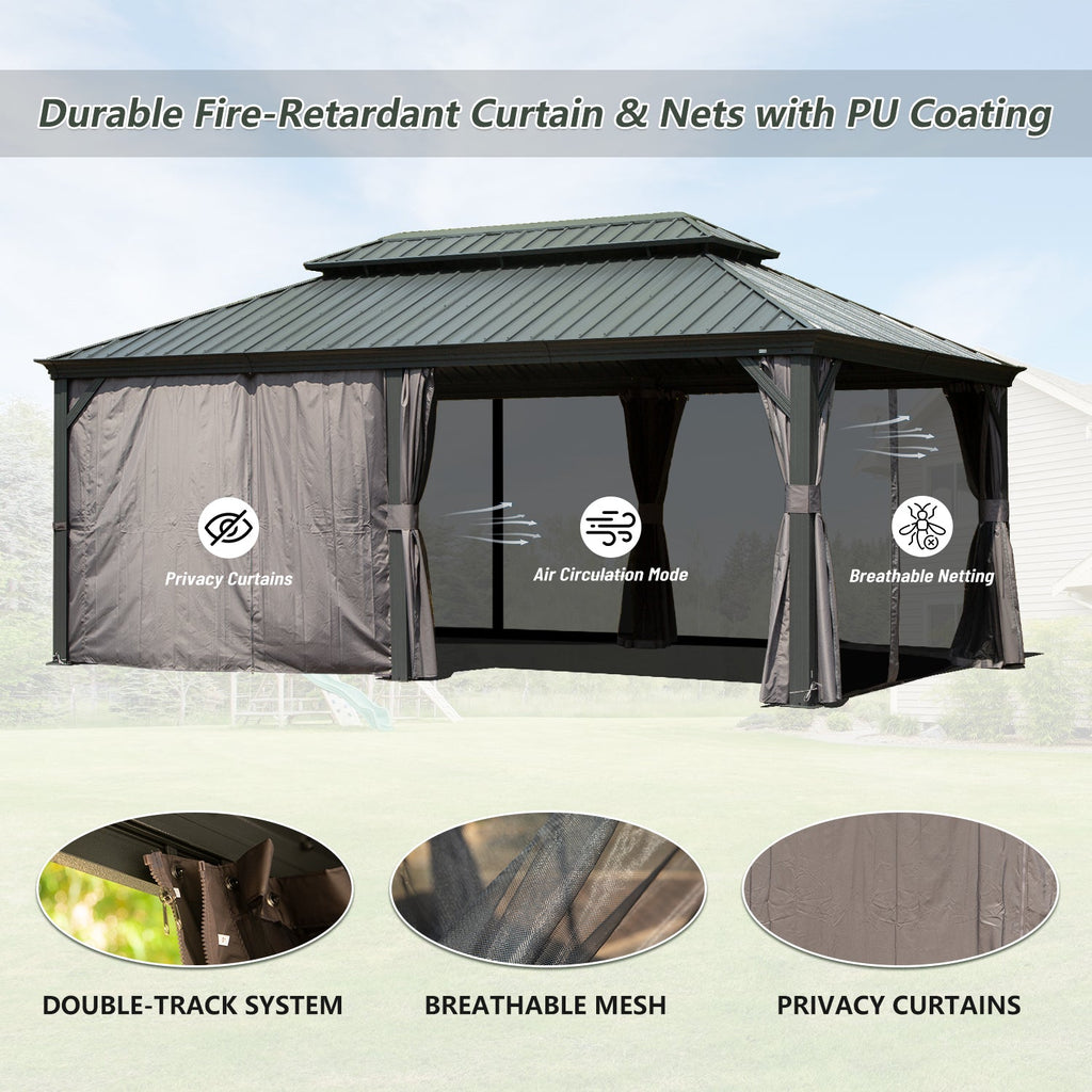 12' x 20' Hardtop Gazebo with Galvanized Steel Double Roof Canopy - Grey