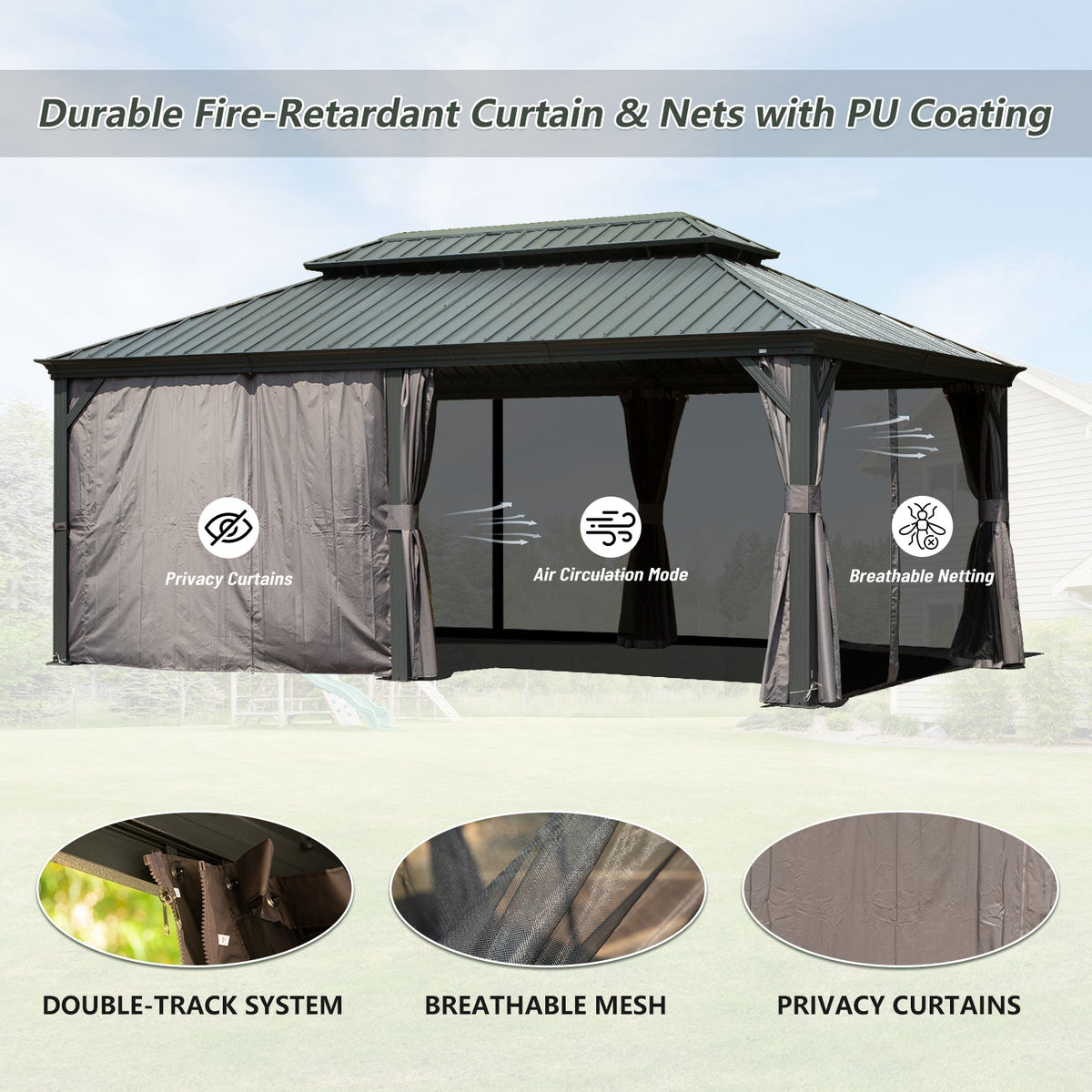 12' x 20' Hardtop Gazebo with Galvanized Steel Double Roof Canopy - Grey