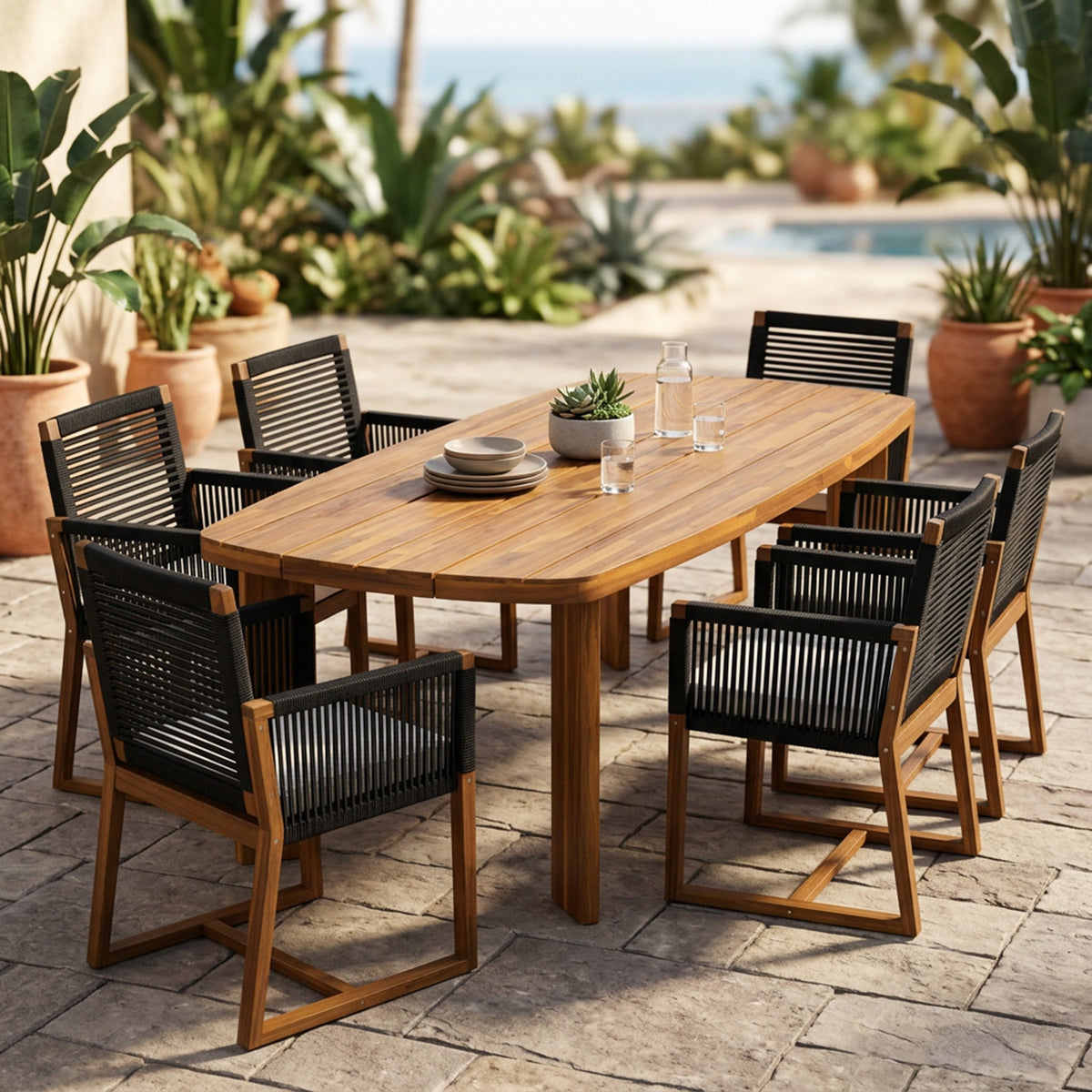 7-Piece Acacia Wood Outdoor Dining Set with Cushioned Arm Chairs - Teak Finish