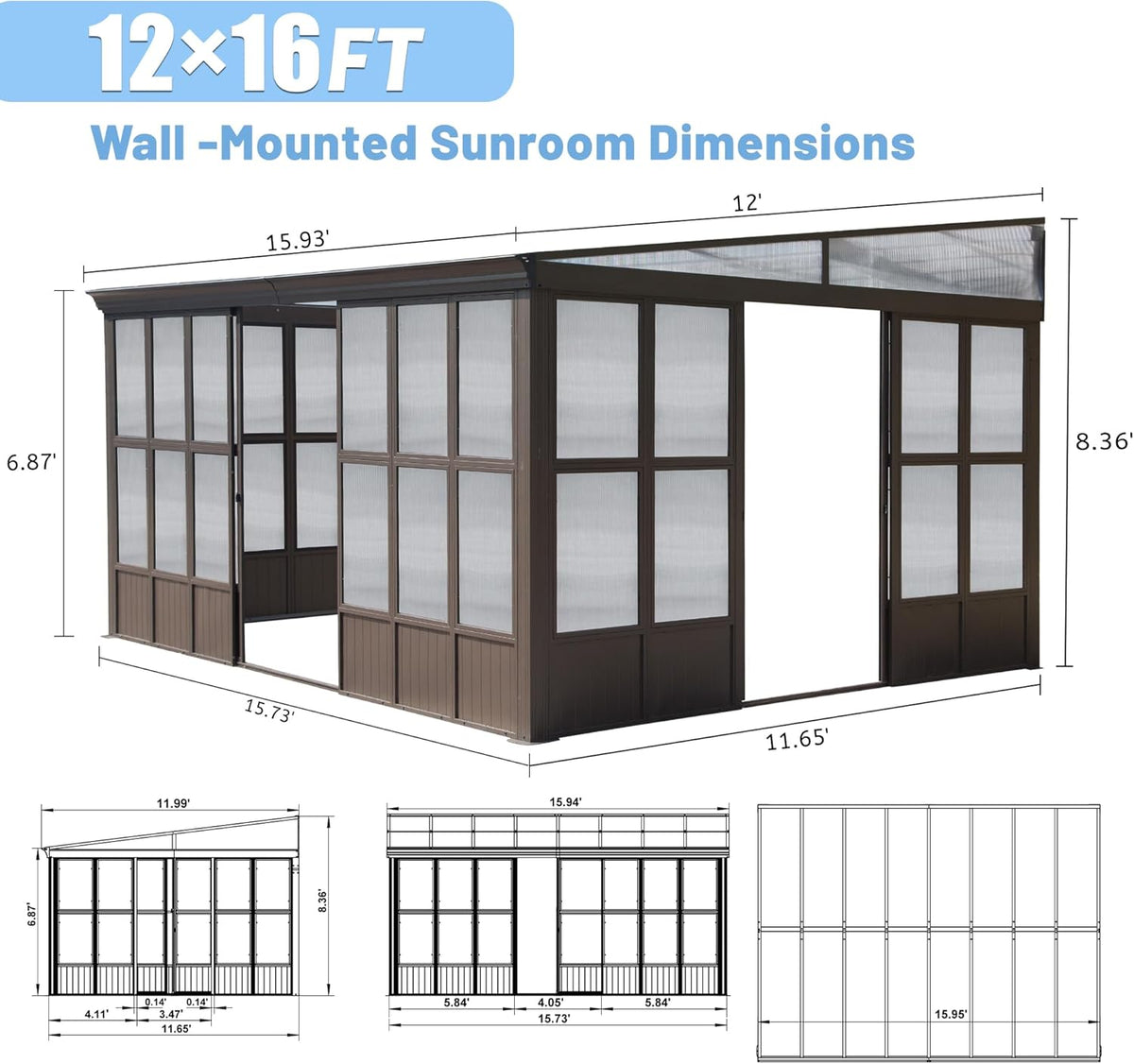 12x16FT All Season Sunroom with Lockable Sliding Doors - Dark Brown