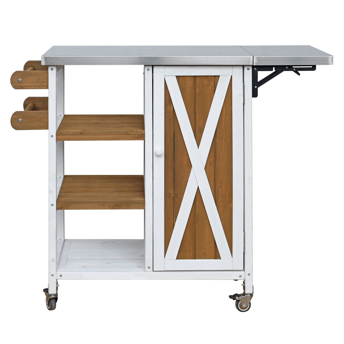 Foldable Outdoor Kitchen Island with Stainless Steel Top - Natural Wood