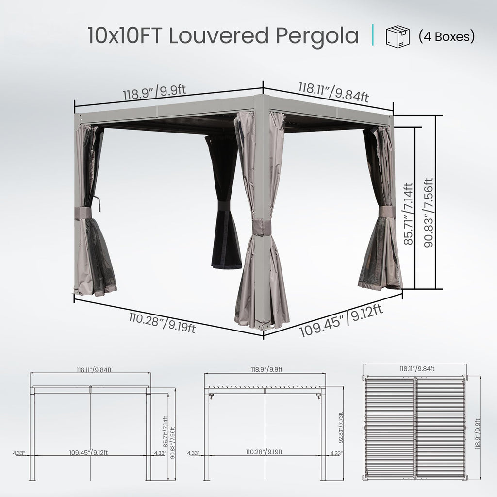10x10 FT Outdoor Louvered Pergola with Adjustable Louvers - Modern Gray