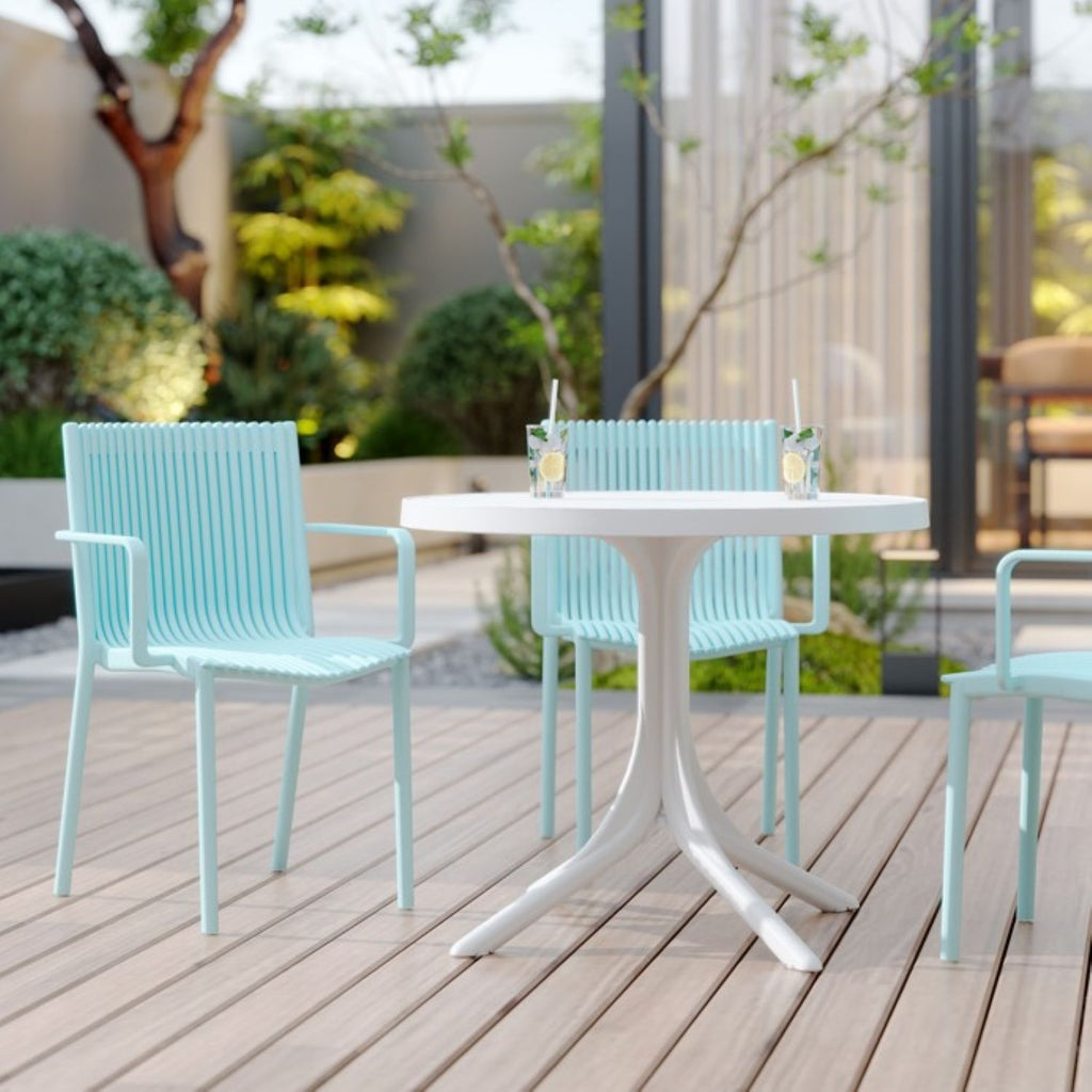 4 Modern Stackable Plastic Armchair Set with Round Table - Light Blue or Dark Gray