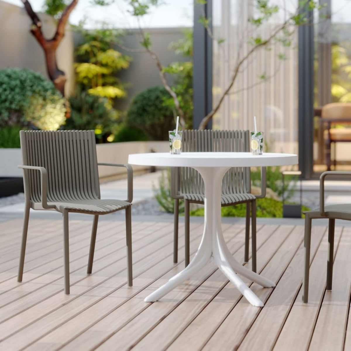 4 Modern Stackable Plastic Armchair Set with Round Table - Light Blue or Dark Gray