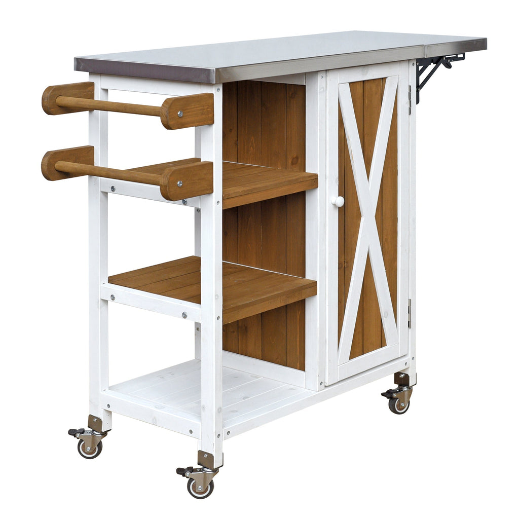 Foldable Outdoor Kitchen Island with Stainless Steel Top - Natural Wood