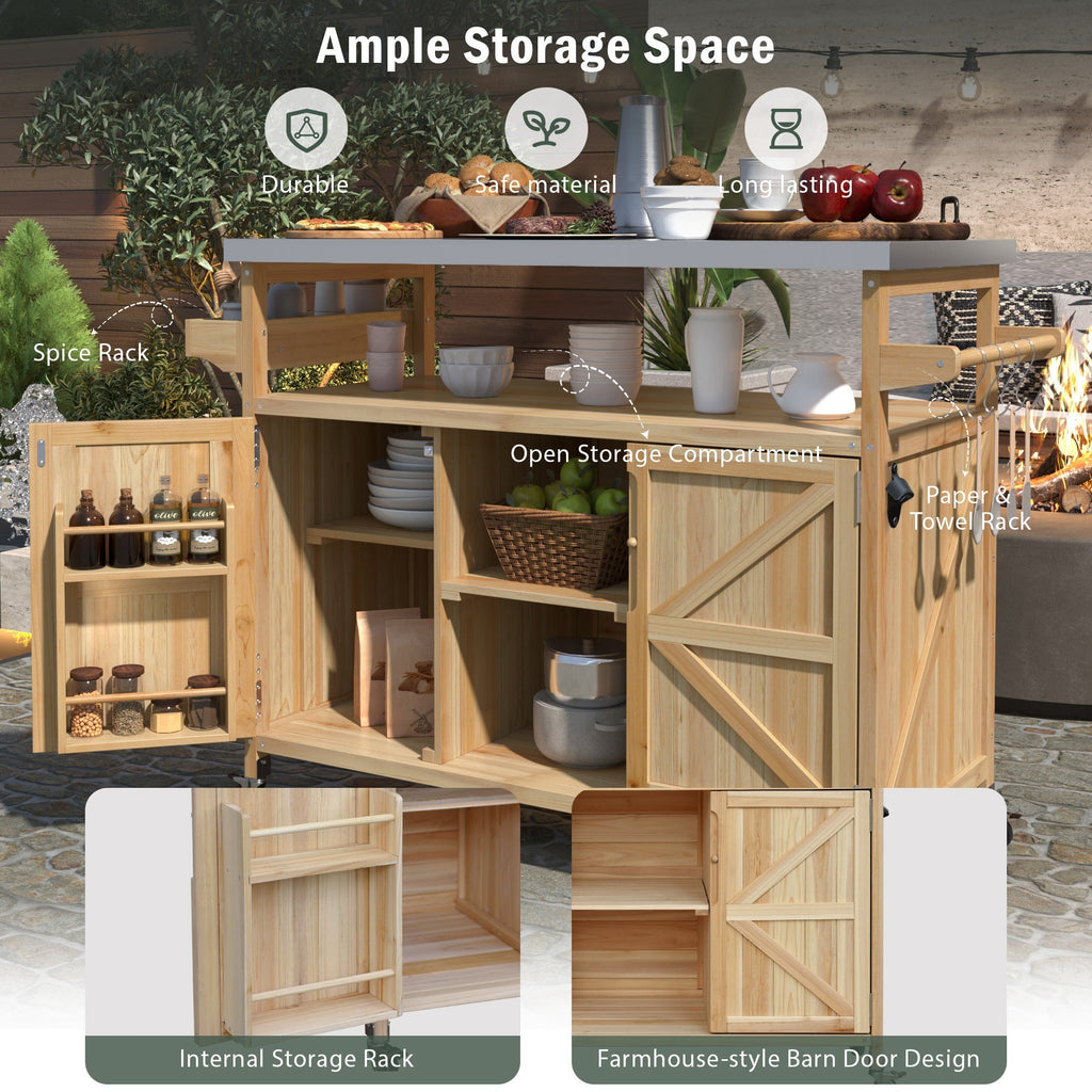 Outdoor Kitchen Island Rolling Bar Cart with Stainless Steel Top - Natural