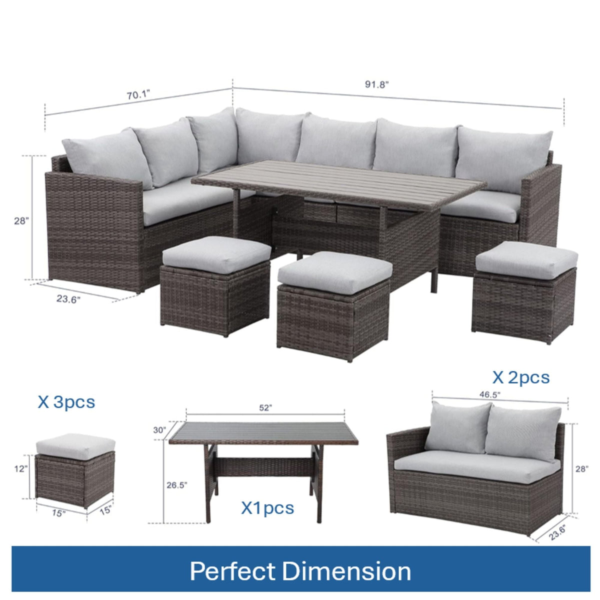 7 Piece Outdoor Dining Set with Cushions, Modular Sectional Sofa and Table - Gray or Beige