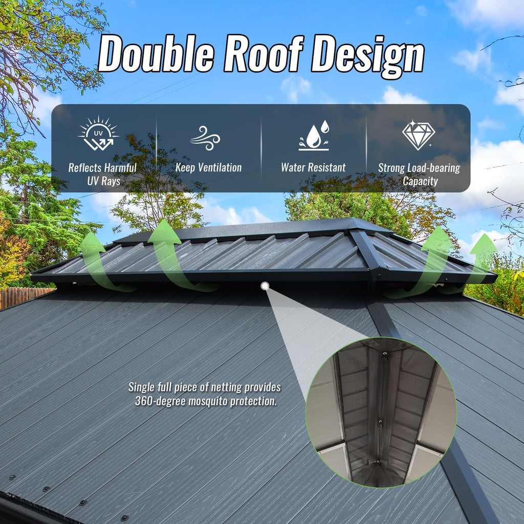 12x14 Hardtop Gazebo with Resin Roof and Drainage Gutters - Brown