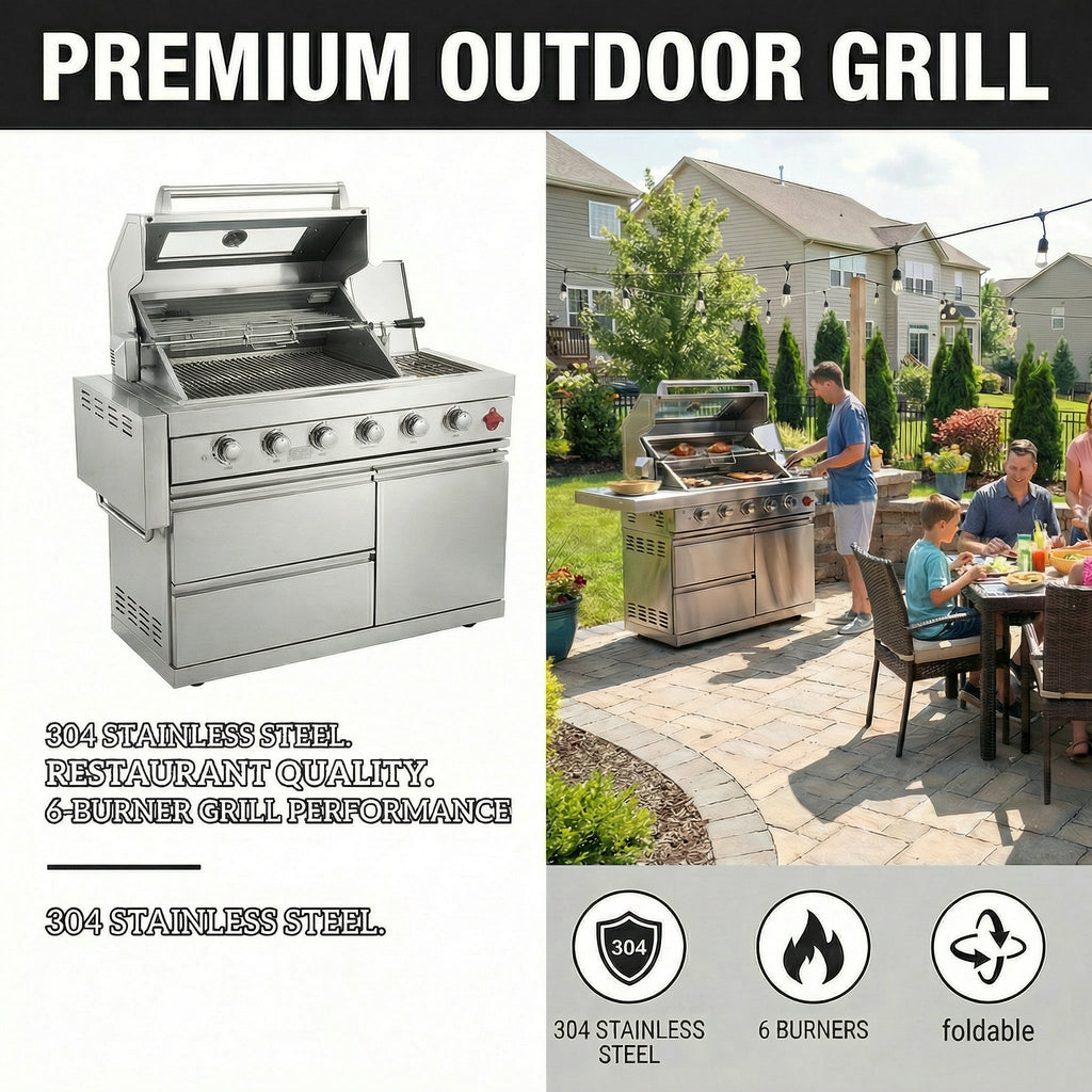 75300 BTU 6-Burner Deluxe Gas Outdoor Kitchen Grill with LED Knobs - Silver