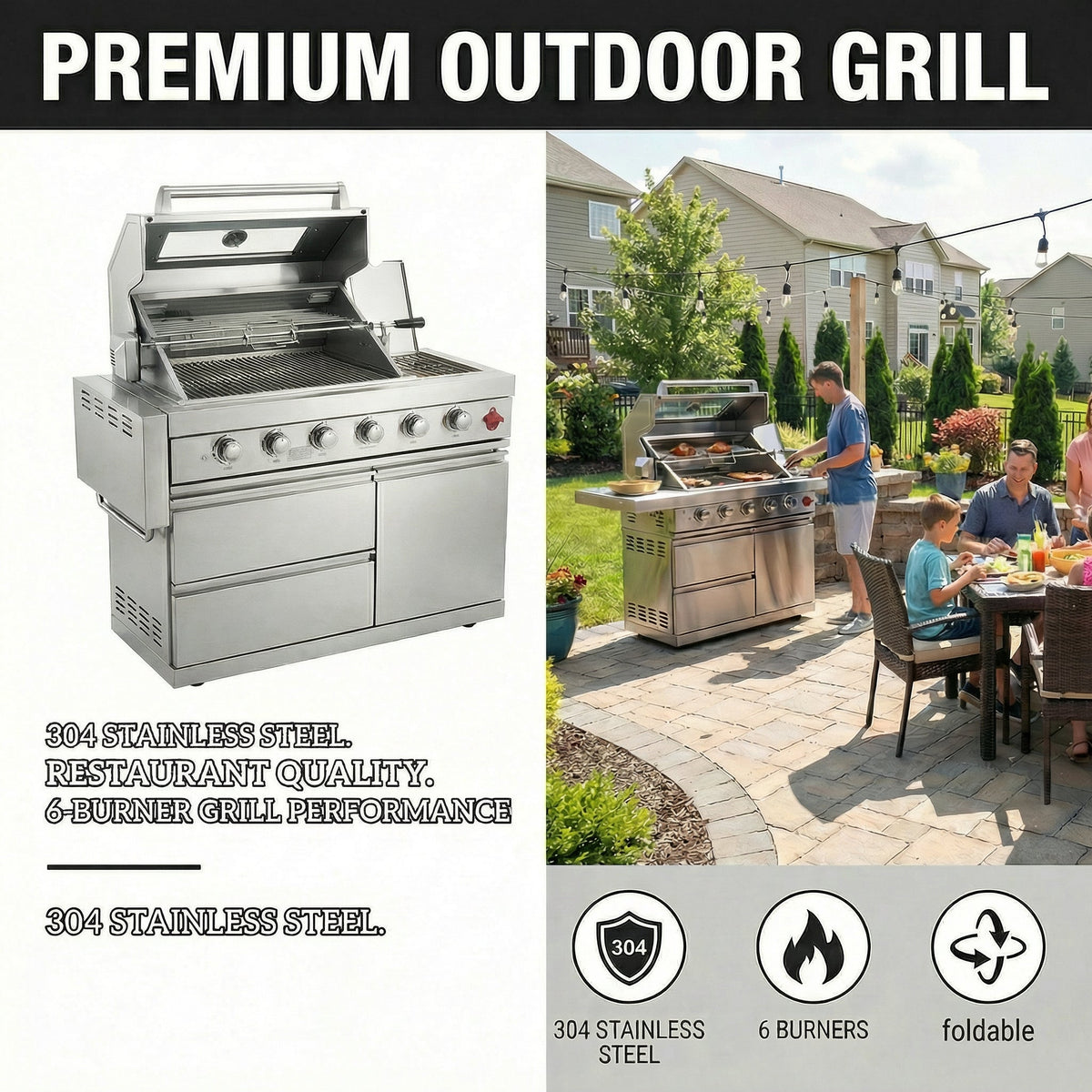 75300 BTU 6-Burner Deluxe Gas Outdoor Kitchen Grill with LED Knobs - Silver