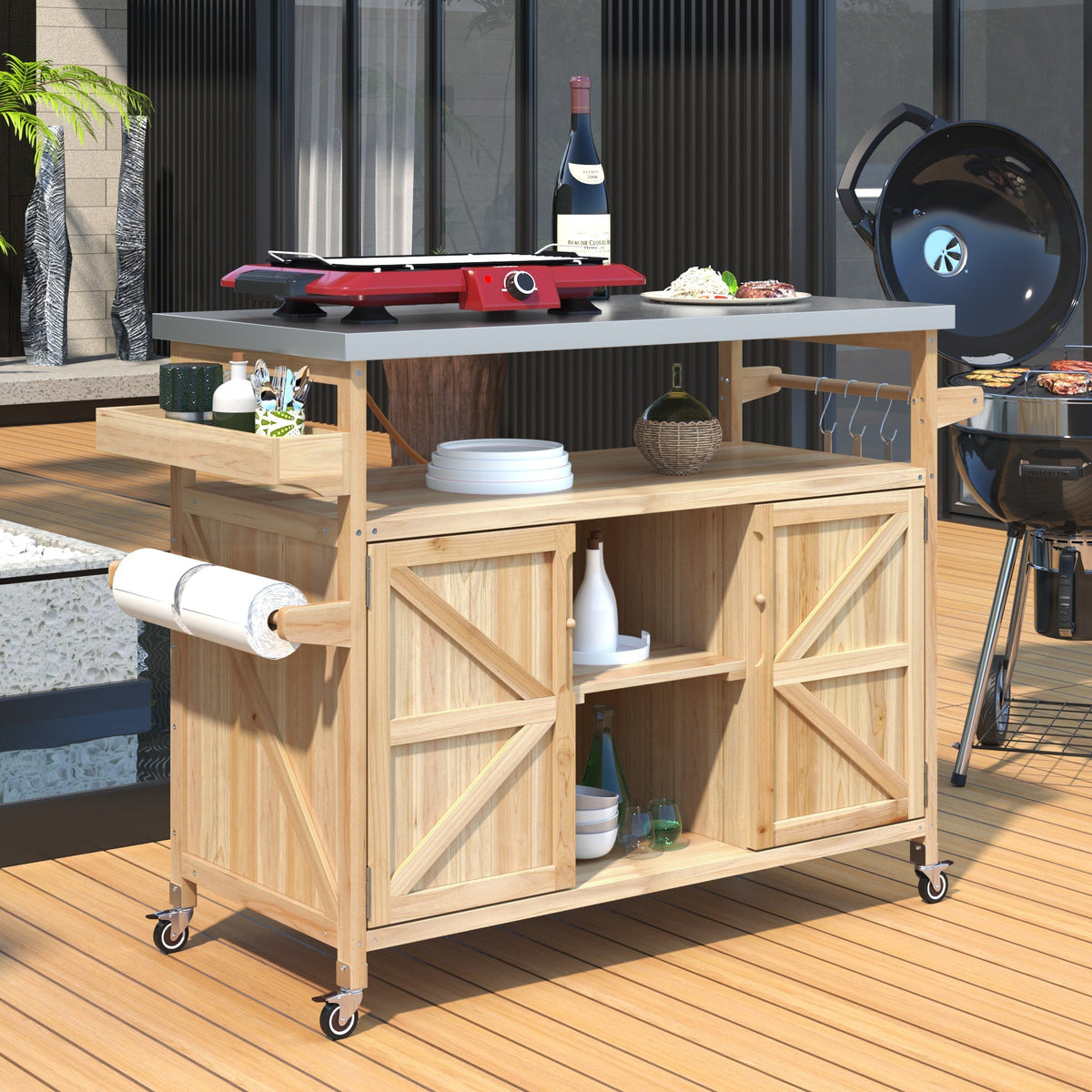 Outdoor Kitchen Island Rolling Bar Cart with Stainless Steel Top - Natural