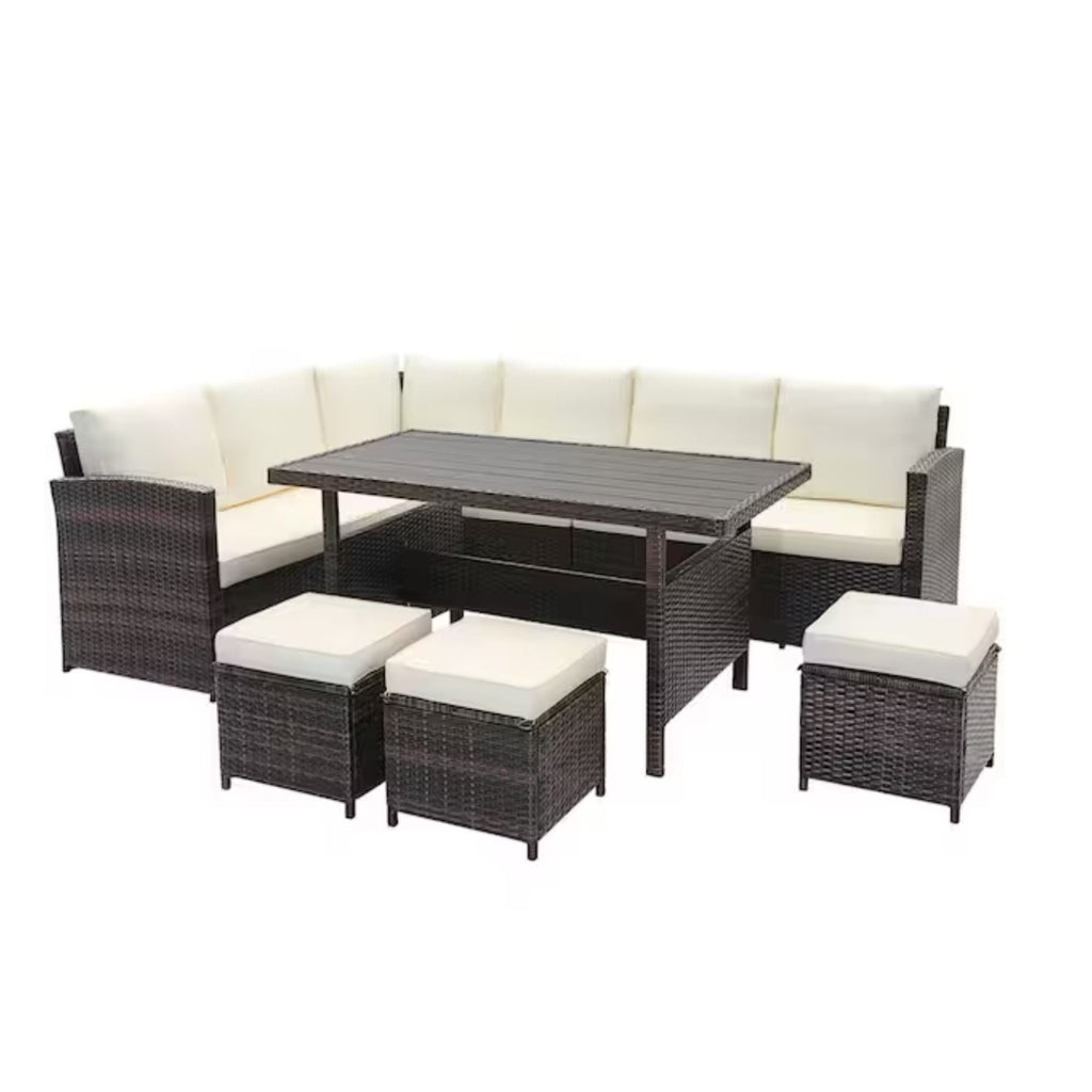 7 Piece Outdoor Dining Set with Cushions, Modular Sectional Sofa and Table - Gray or Beige