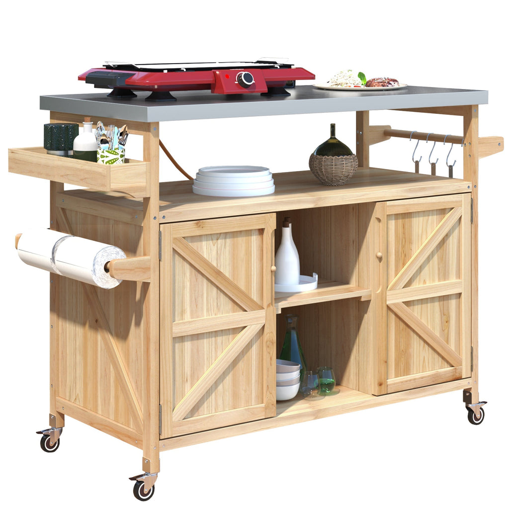 Outdoor Kitchen Island Rolling Bar Cart with Stainless Steel Top - Natural