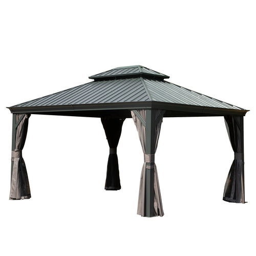 10' x 12' Hardtop Gazebo with Double Roof Canopy and Aluminum Frame - Grey