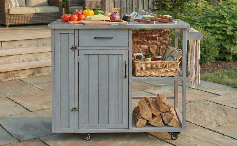 Outdoor Kitchen Island Prep Station with Stainless Steel Top - Natural Fir Wood