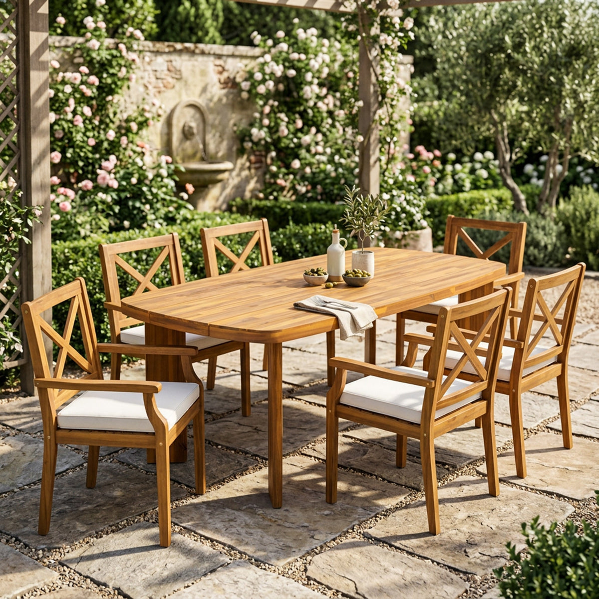 7-Piece Acacia Wood Outdoor Dining Set with Cushioned Arm Chairs - Teak Finish
